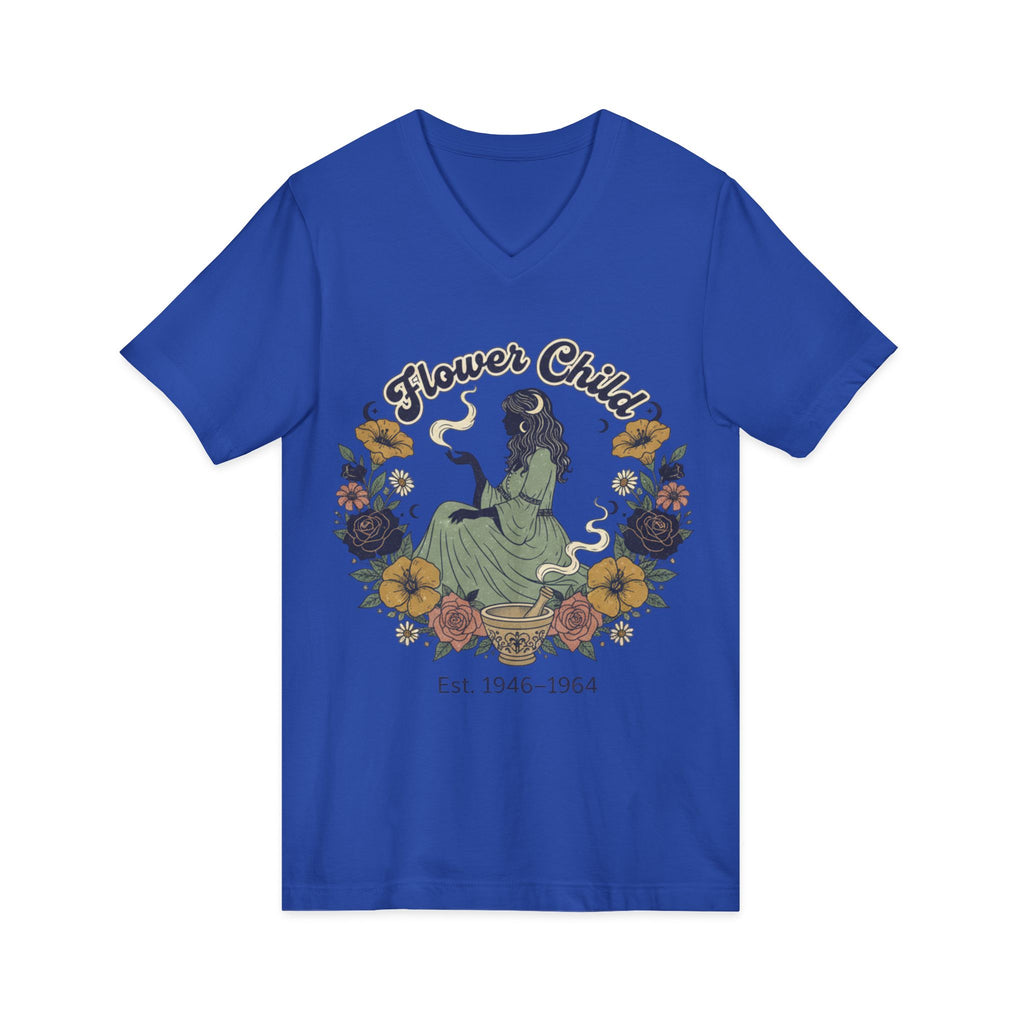 Flower Child V-Neck Tee  Vintage 1946–1964 Hippie Floral Graphic