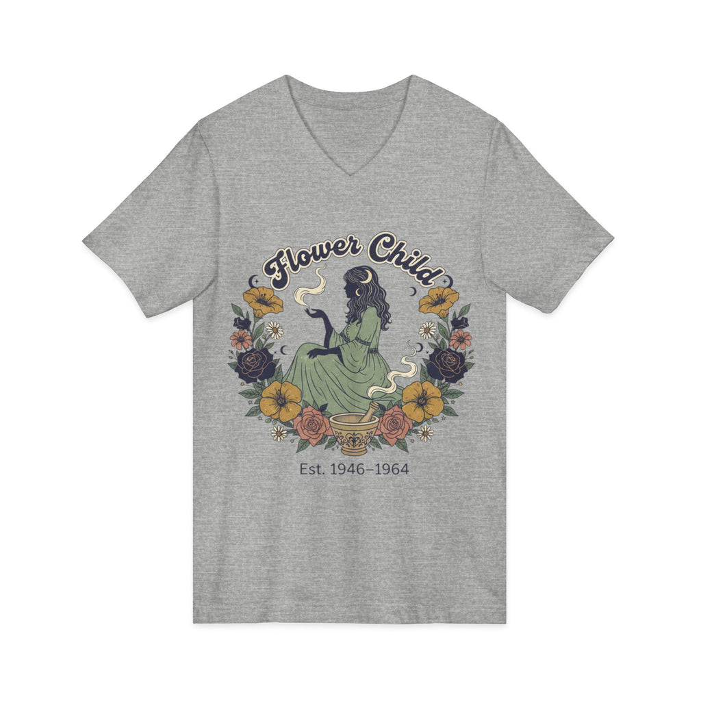 Flower Child V-Neck Tee  Vintage 1946–1964 Hippie Floral Graphic