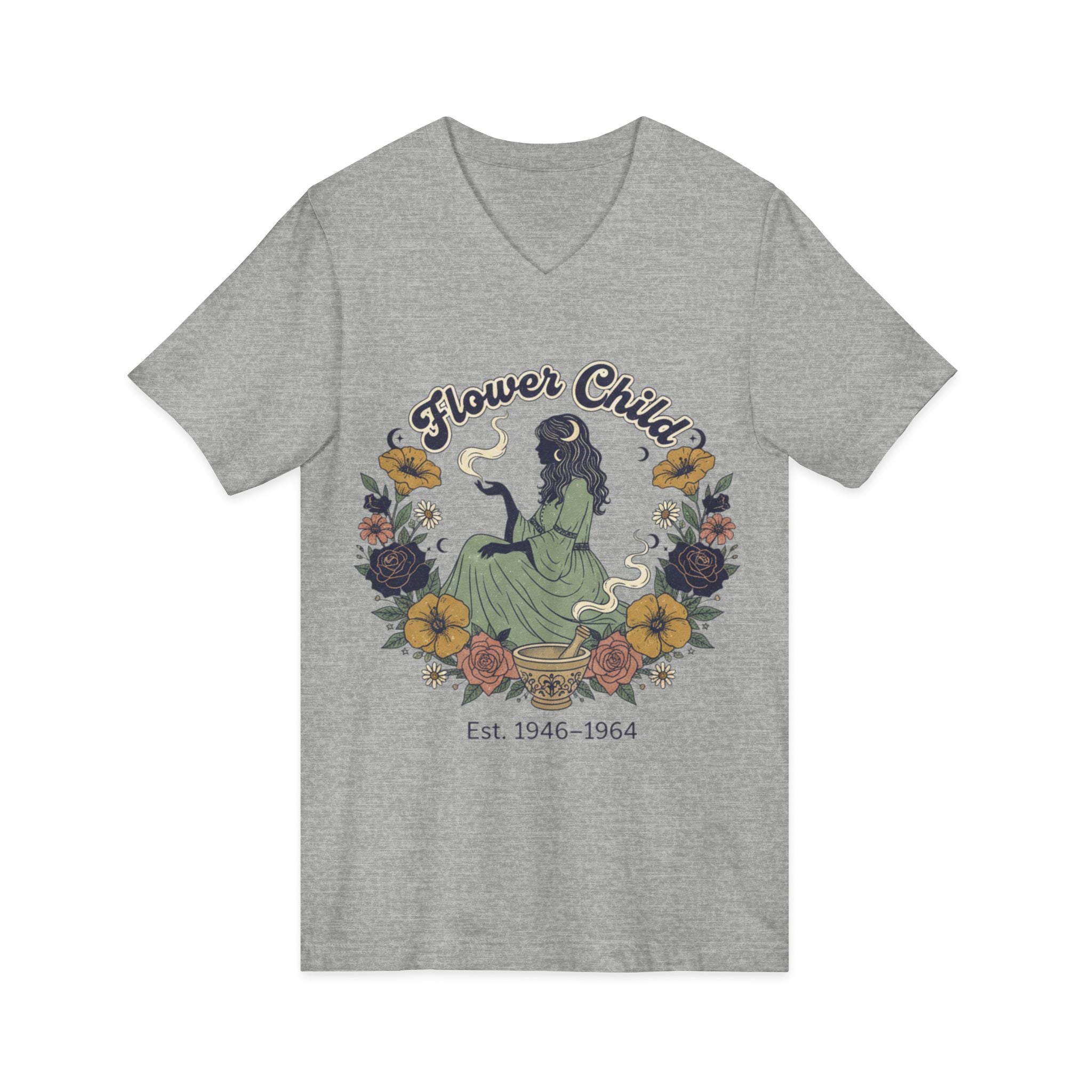 Flower Child V-Neck Tee  Vintage 1946–1964 Hippie Floral Graphic