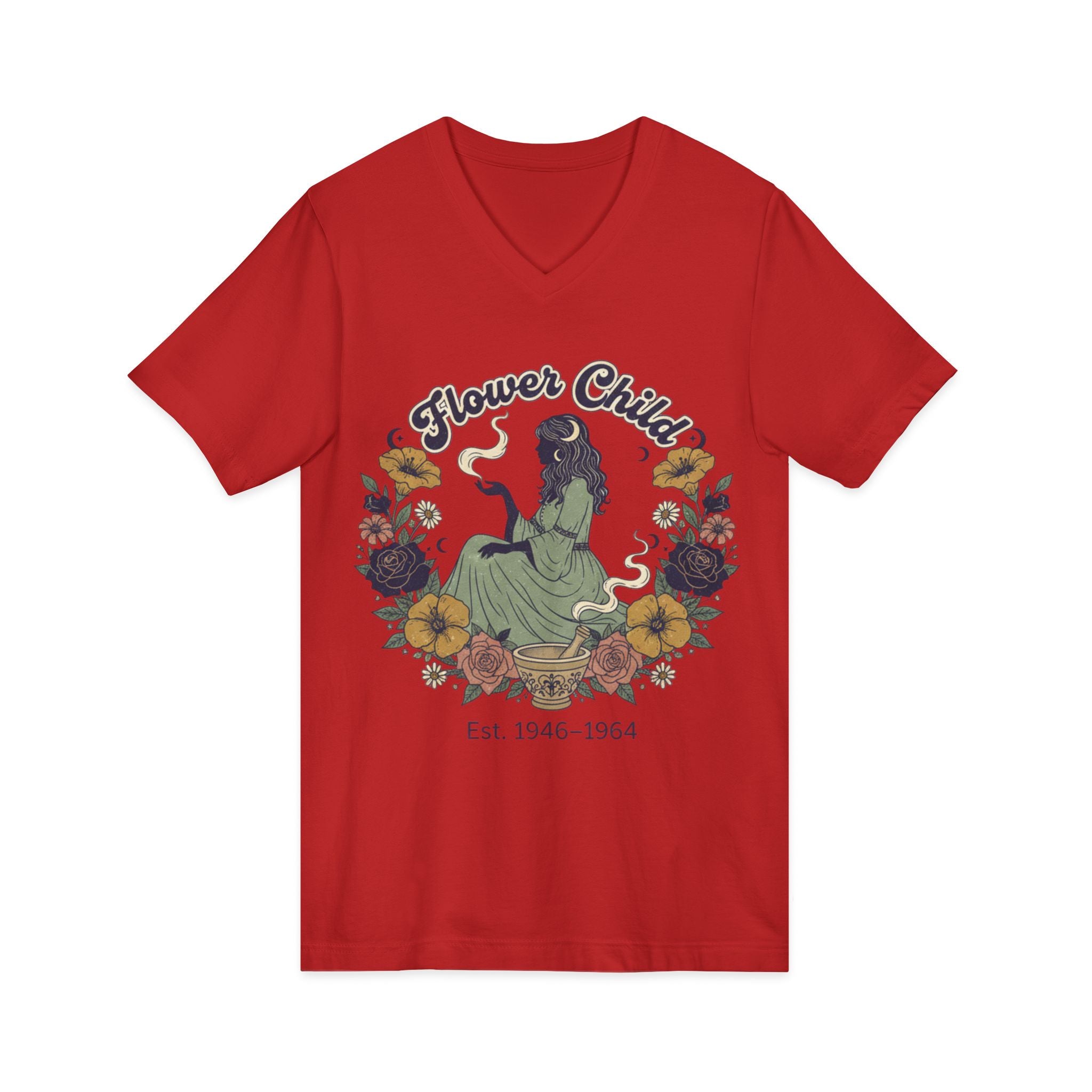 Flower Child V-Neck Tee  Vintage 1946–1964 Hippie Floral Graphic