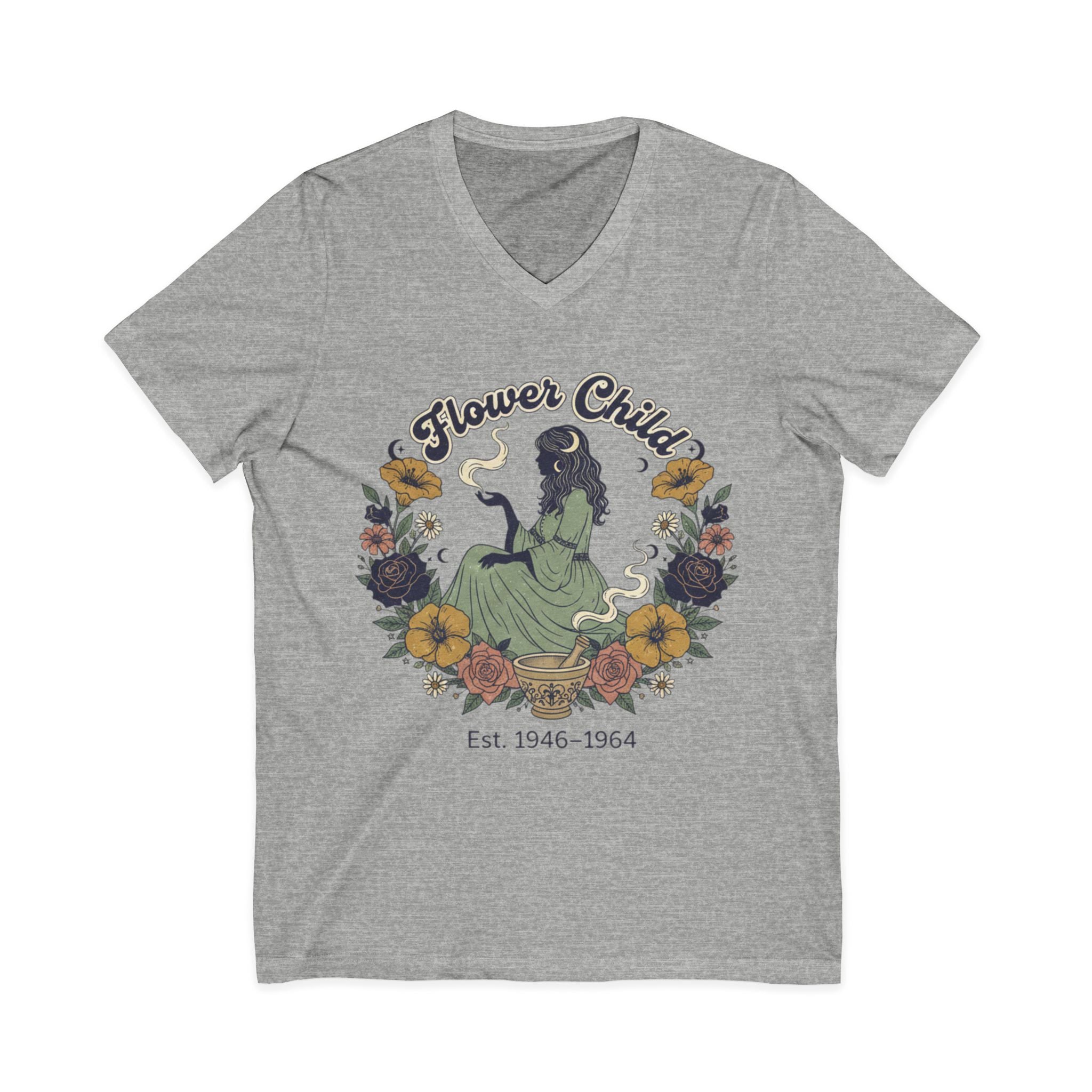 Flower Child V-Neck Tee  Vintage 1946–1964 Hippie Floral Graphic