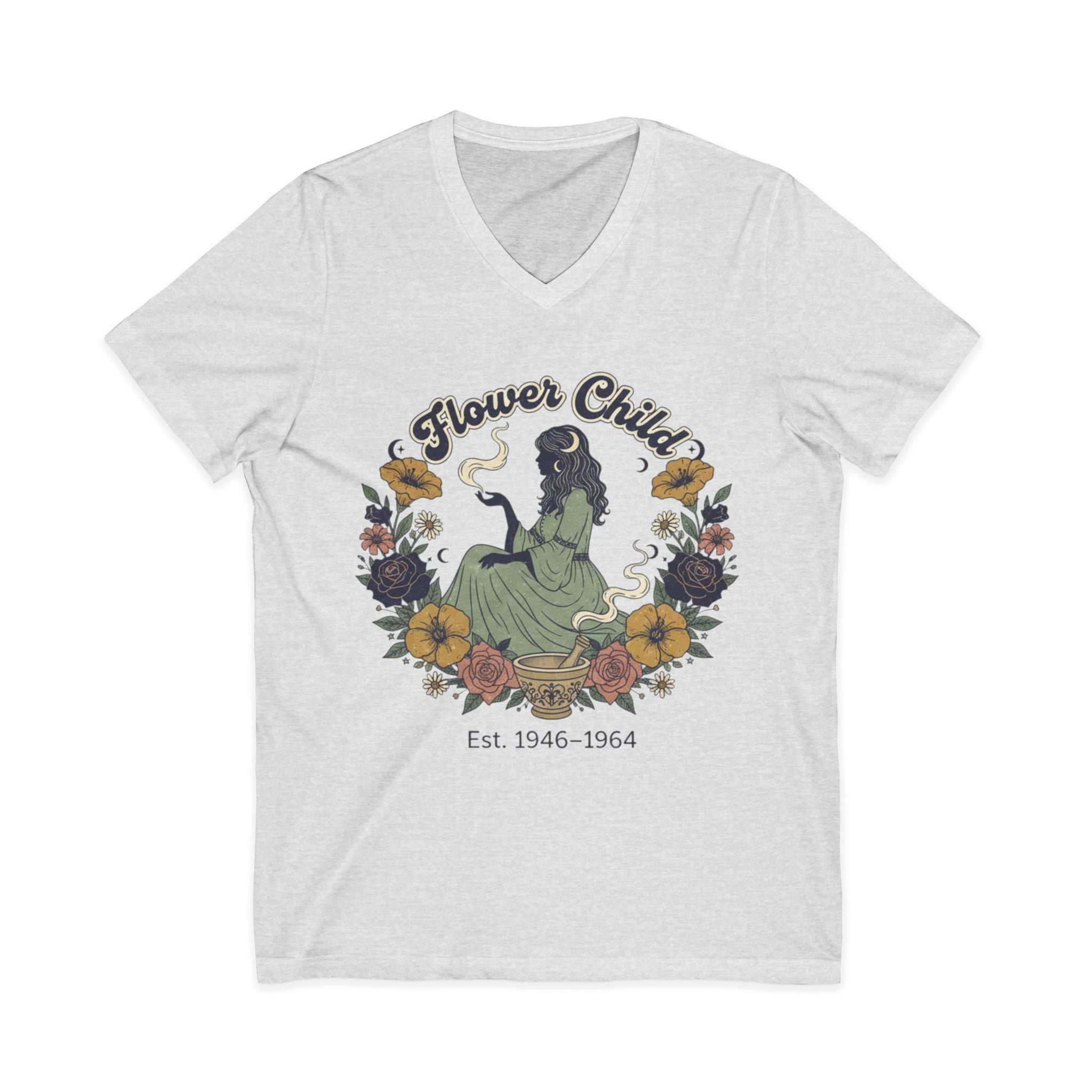 Flower Child V-Neck Tee  Vintage 1946–1964 Hippie Floral Graphic