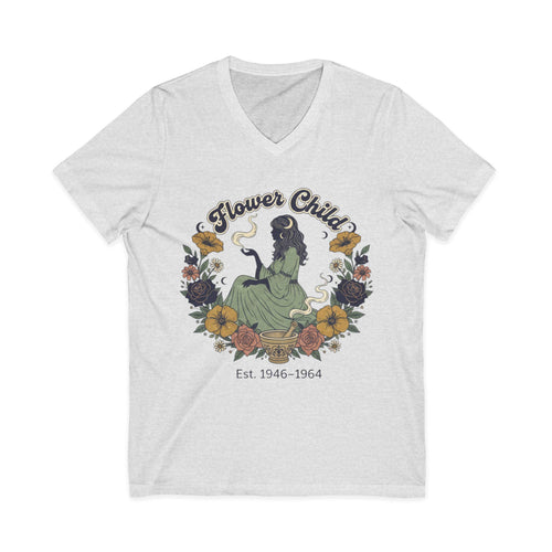 Flower Child V-Neck Tee  Vintage 1946–1964 Hippie Floral Graphic
