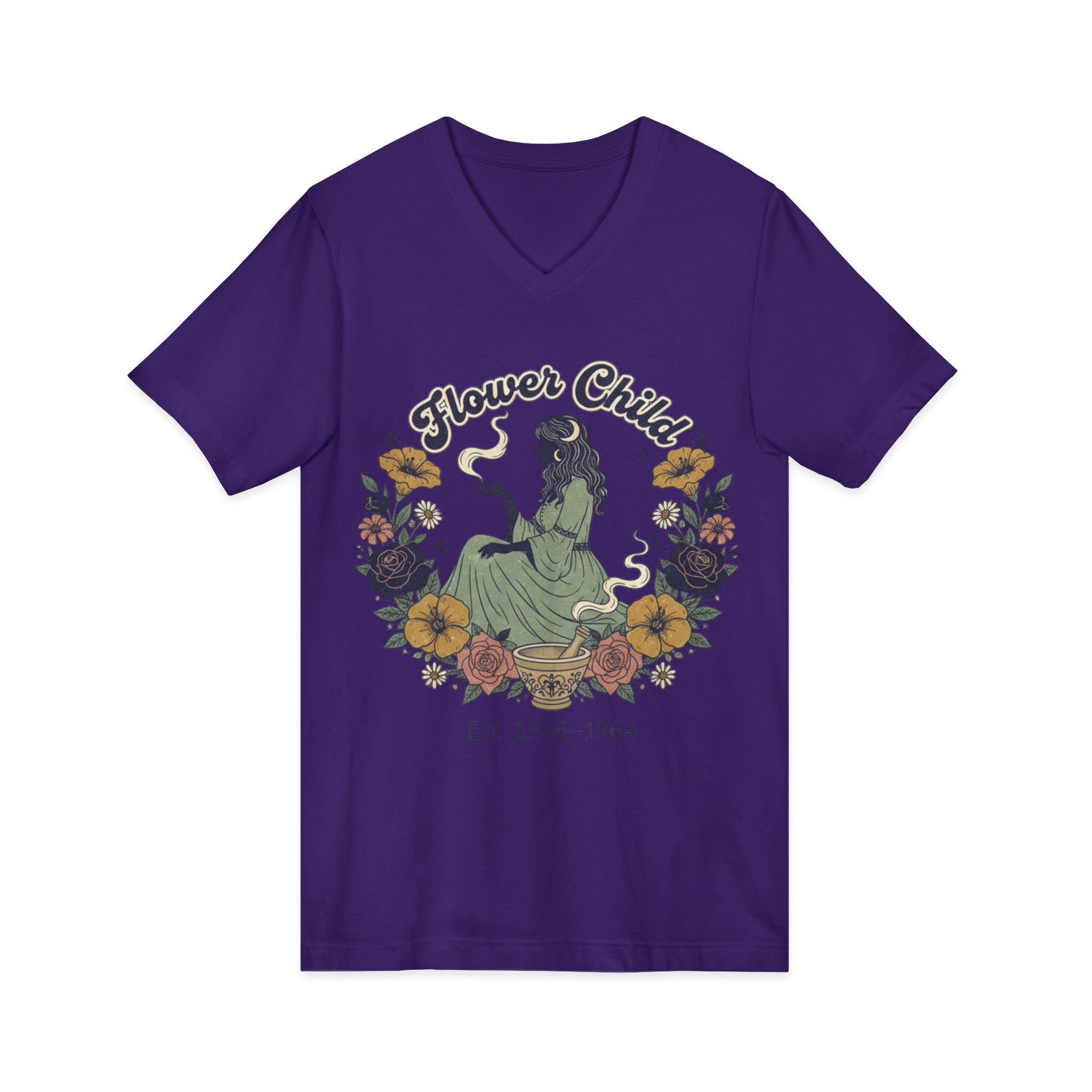 Flower Child V-Neck Tee  Vintage 1946–1964 Hippie Floral Graphic