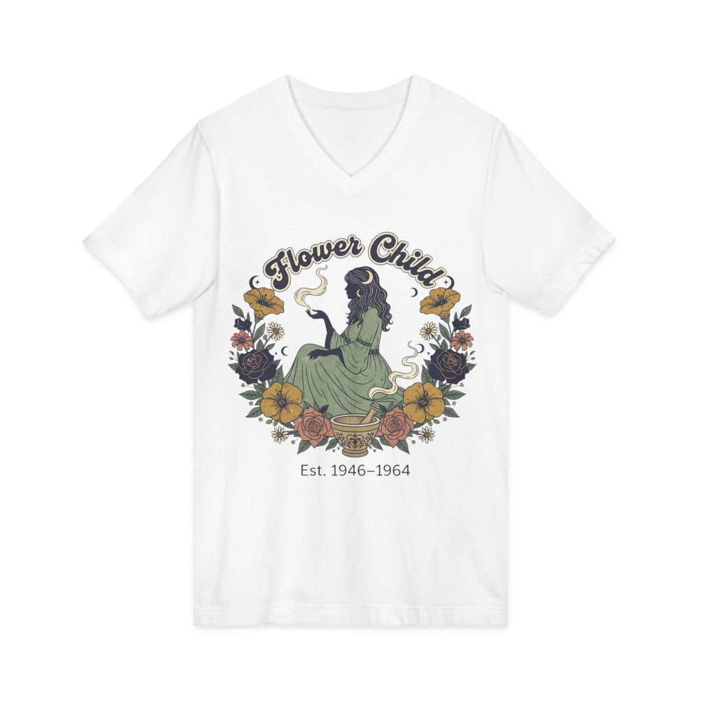 Flower Child V-Neck Tee  Vintage 1946–1964 Hippie Floral Graphic