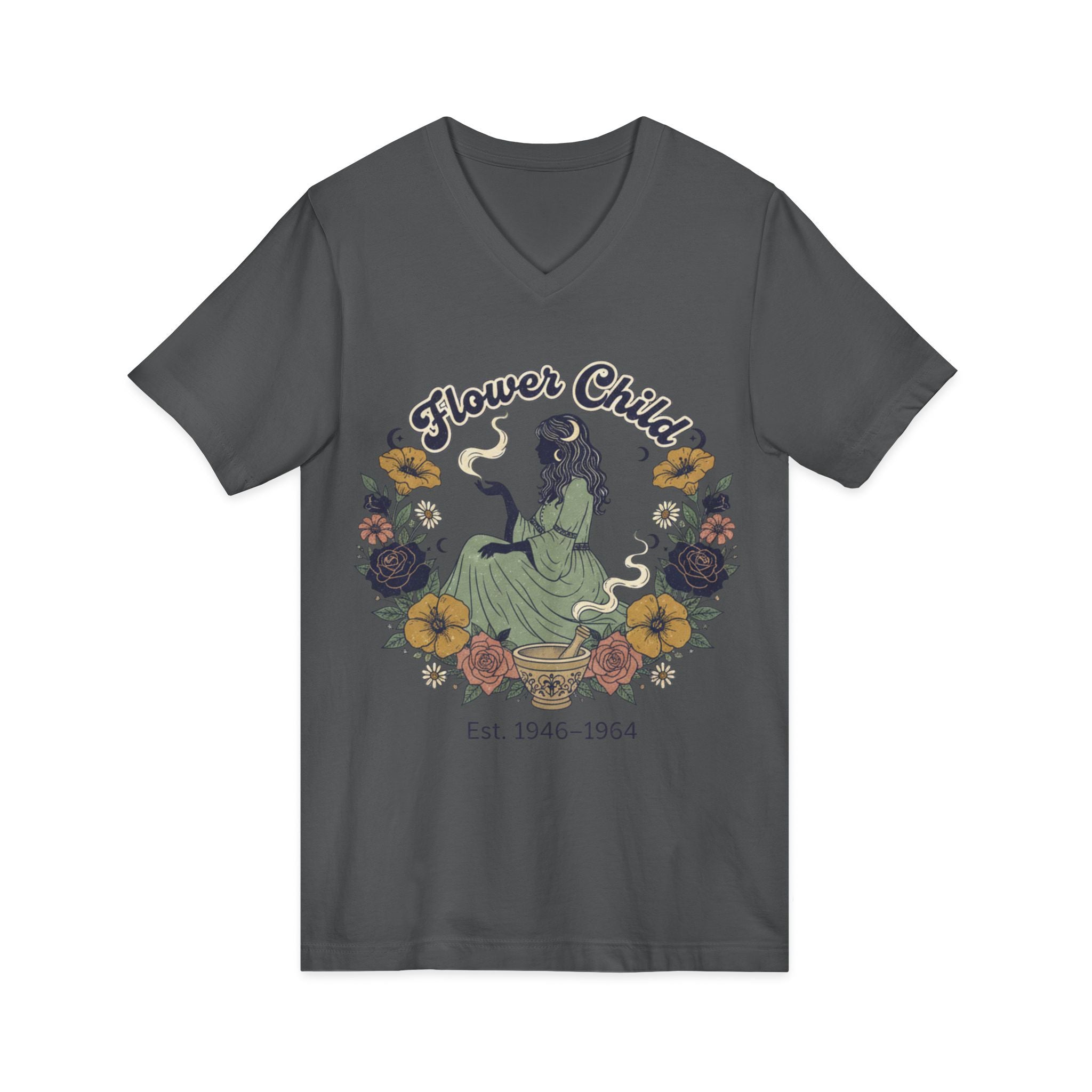 Flower Child V-Neck Tee  Vintage 1946–1964 Hippie Floral Graphic