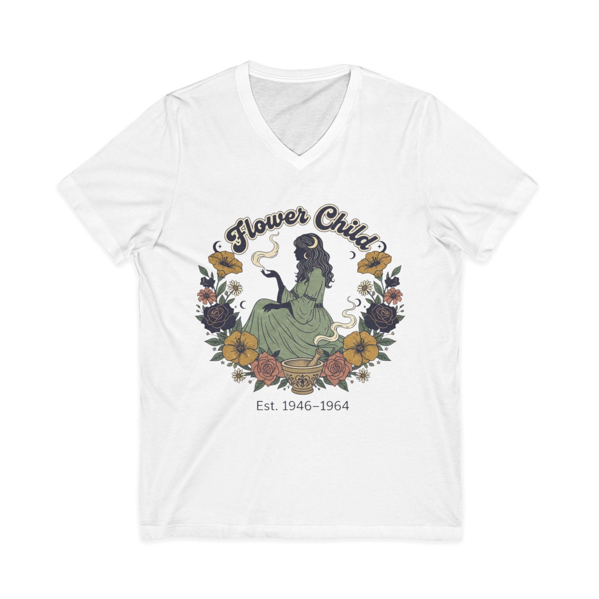 Flower Child V-Neck Tee  Vintage 1946–1964 Hippie Floral Graphic