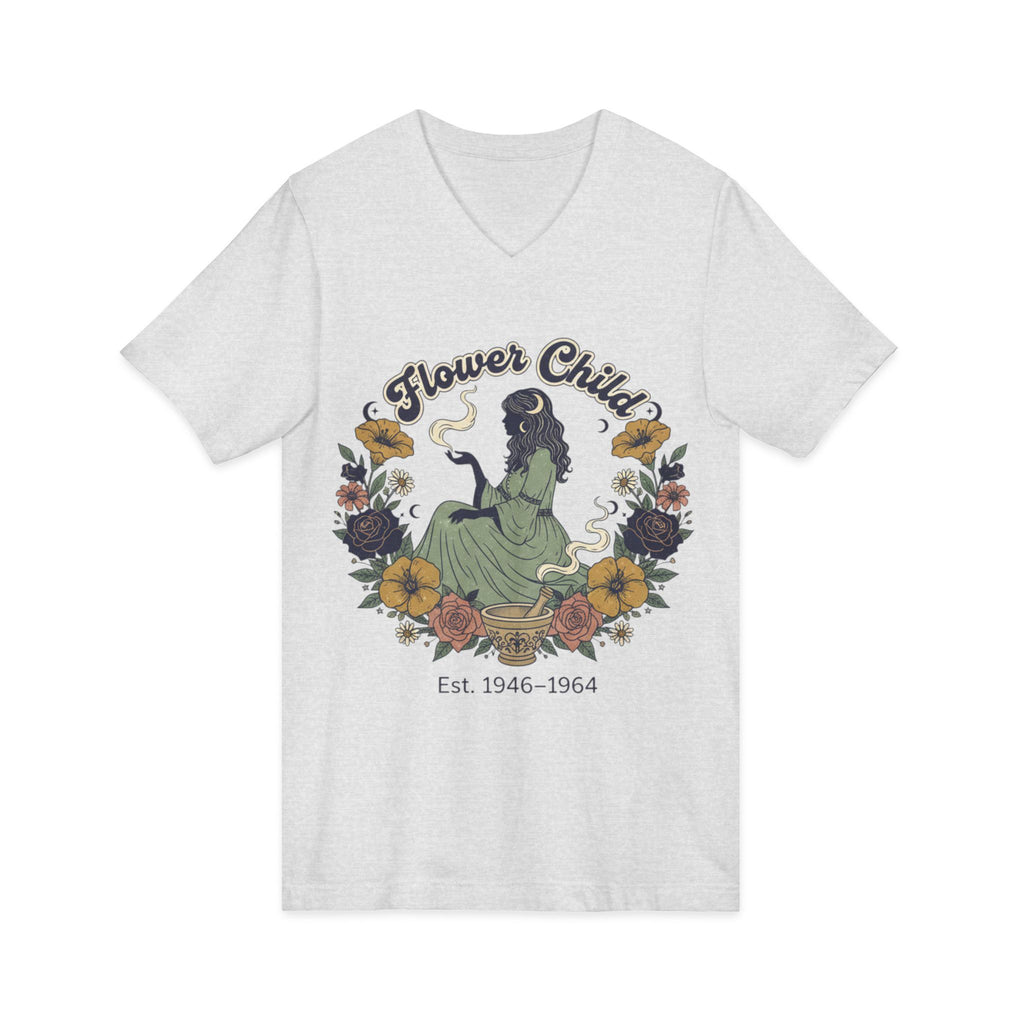 Flower Child V-Neck Tee  Vintage 1946–1964 Hippie Floral Graphic