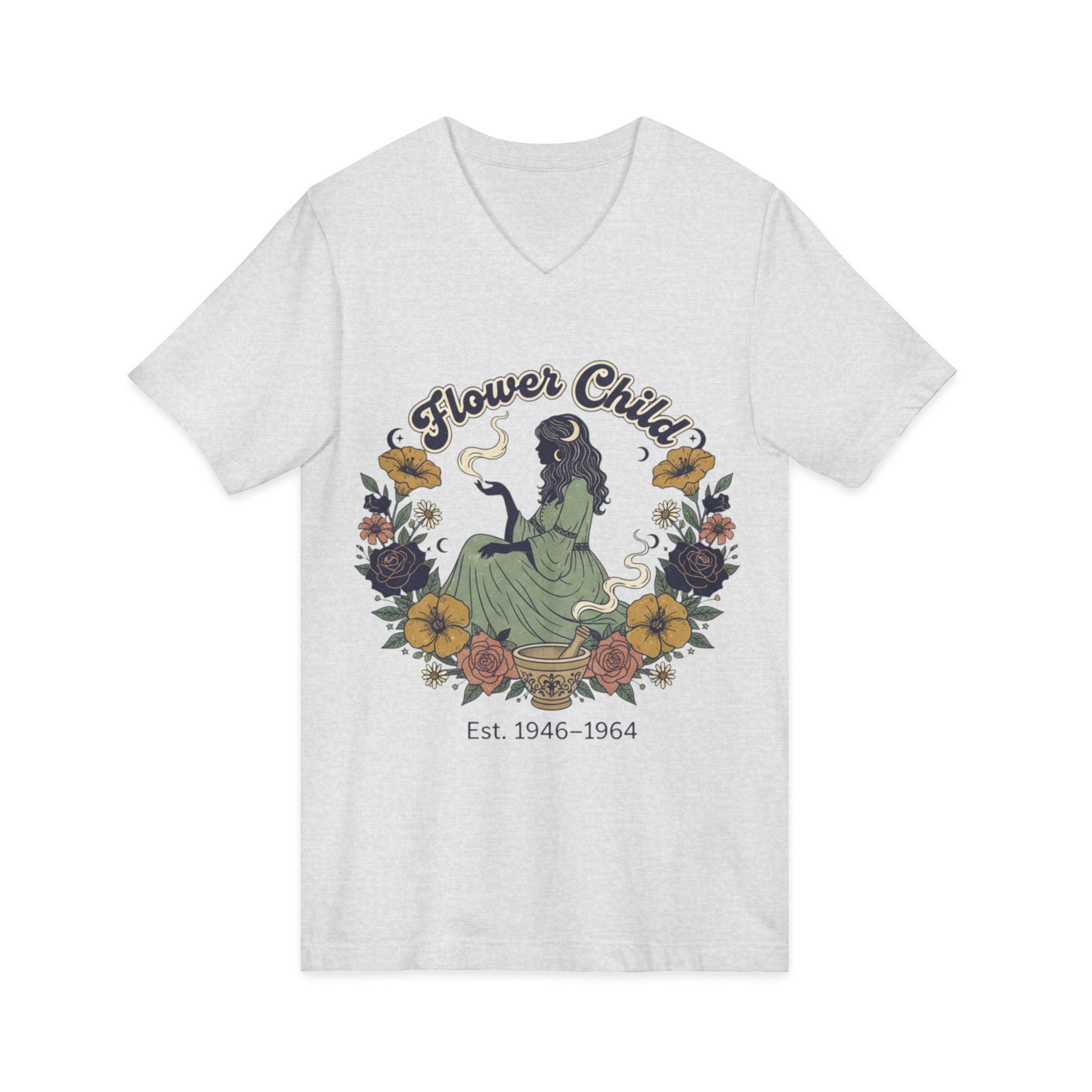 Flower Child V-Neck Tee  Vintage 1946–1964 Hippie Floral Graphic