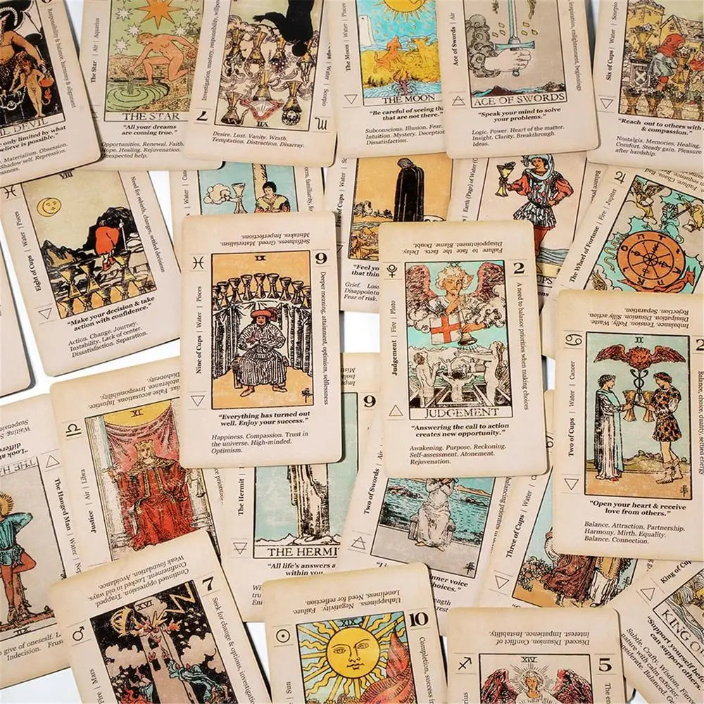 Beginner Tarot Deck with Keywords & Meanings - 78 Card Antiqued Set