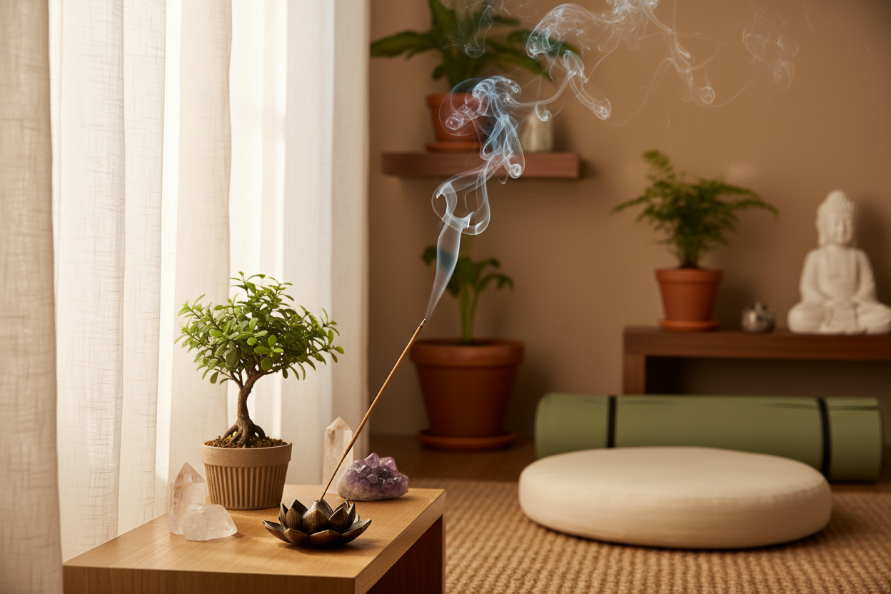 incense stick burning in a meditation space