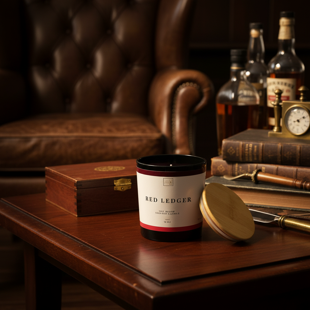 Red Ledger candle with sultry men's style background