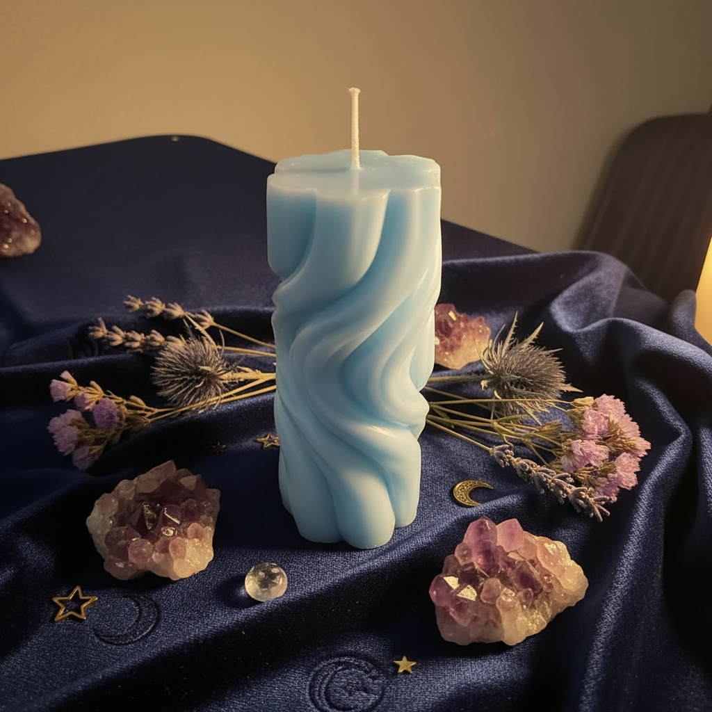 Spiral Pillar Candle in Light Blue - Mystical Background