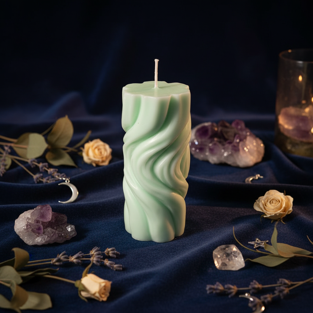 Spiral Pillar Candle in Light Green - Mystical Background