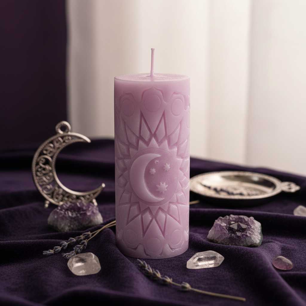 Sun Moon Pillar Candle in Lavender Pink with very short wick