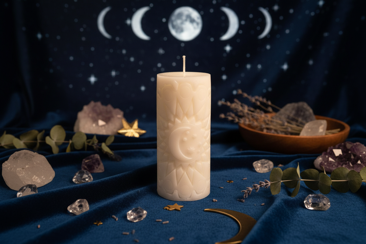 Sun Moon Pillar Candle in mystical setting