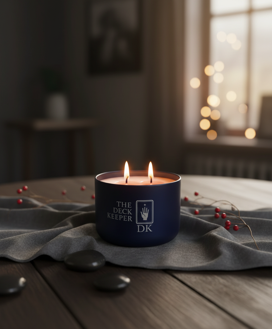The Deck Keeper Velvet Veil Candle in elegant setting
