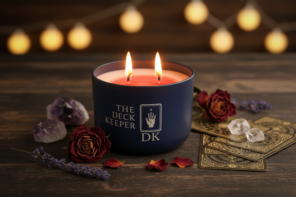 The Deck Keeper Velvet Veil Candle in mystical setting