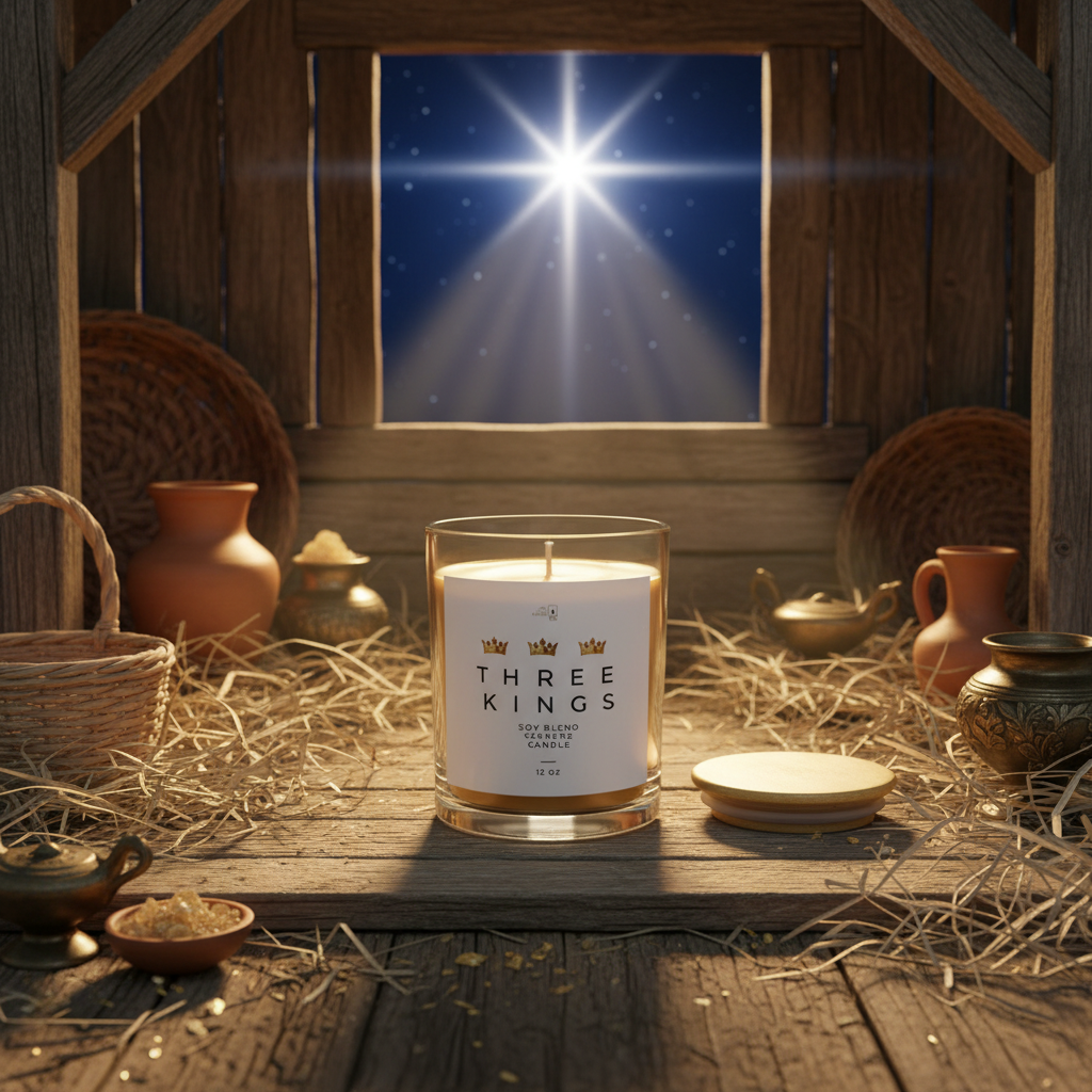Three Kings candle in nativity scene