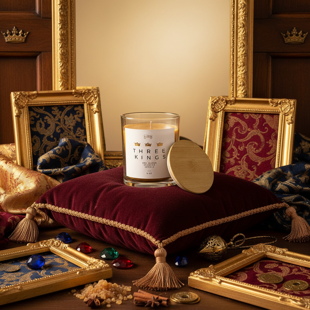 Three Kings candle with royal background