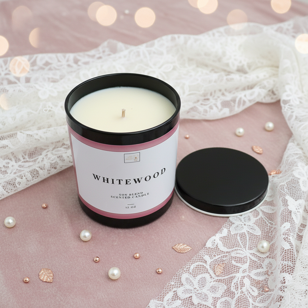 Whitewood candle on blush velvet with lace