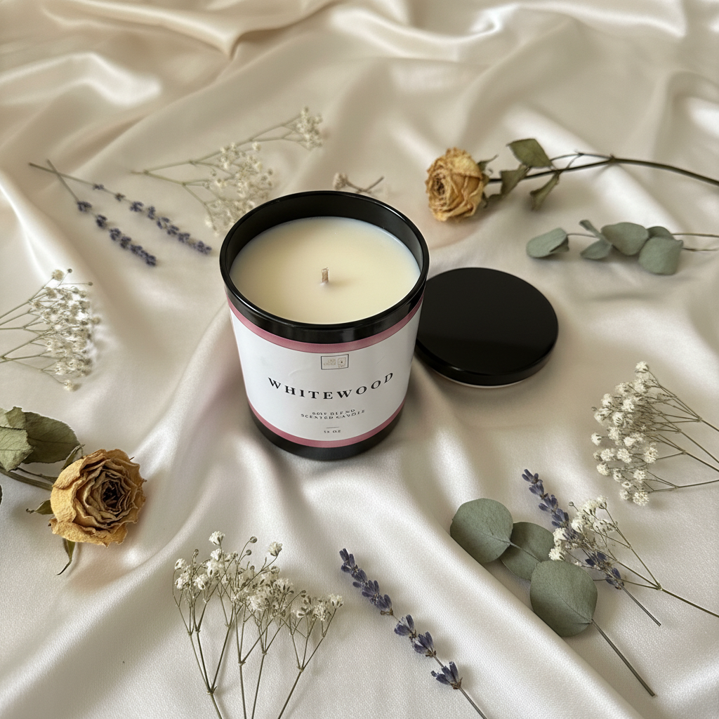 Whitewood candle on silky tablecloth with dried flowers